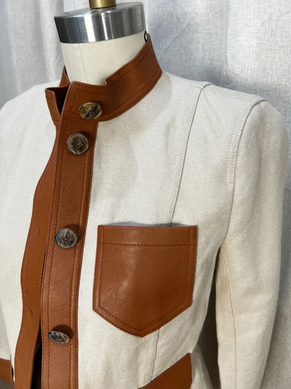 TORY BURCH Camden Linen Cotton Leather Safari Jacket Sz 2 $595 NWT